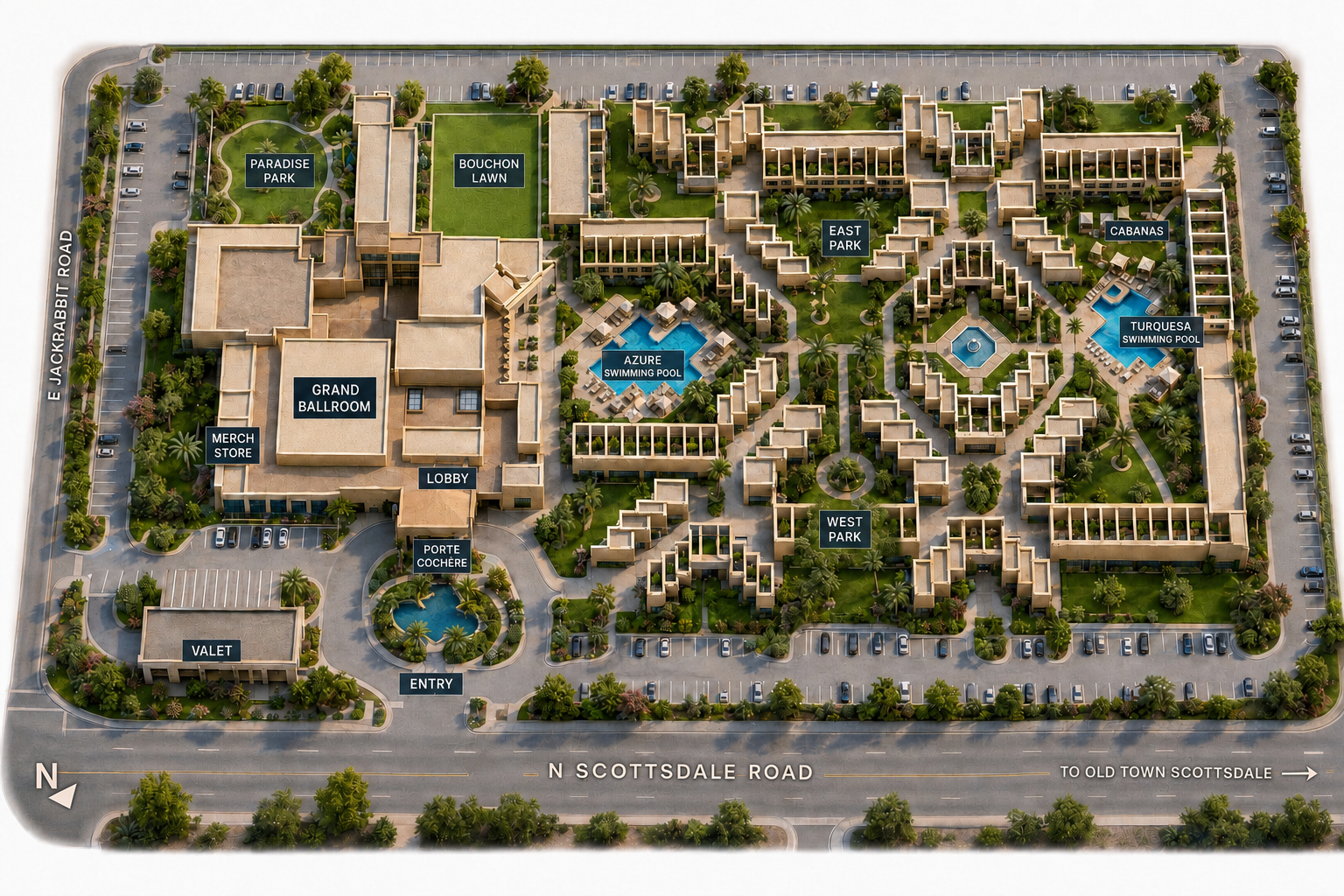 DoubleTree Resort Paradise Valley property map showing the Grand Ballroom, Bouchon Lawn, lobby, merch store and pools